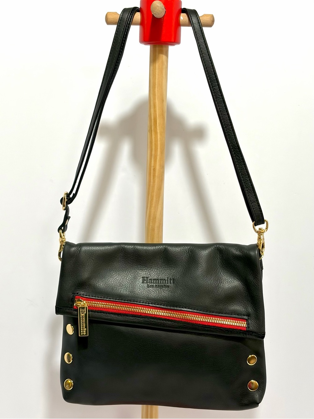 Hammitt VIP Med Black Leather Crossbody with Red Zip and Gold Hardware OG